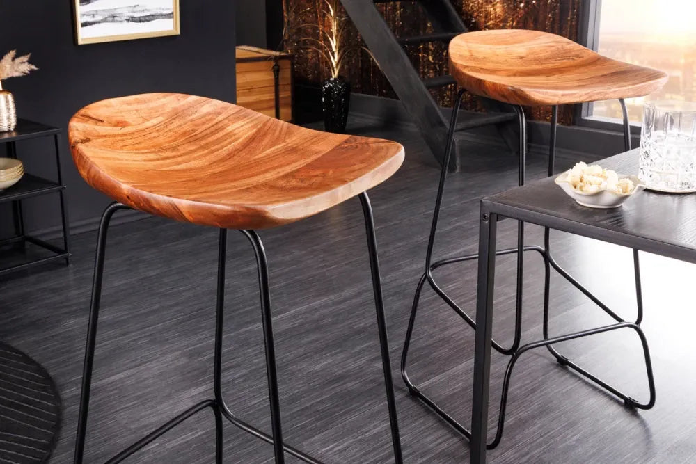 Set 2 scaune de bar din Metal Negru si Lemn de salcam Maro H84xL44cm Mammut