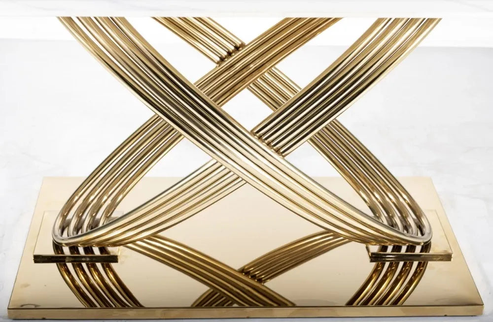 Masa cu blat din Ceramica cu efect de marmura Alb cu baza din Otel inoxidabil Auriu L160x75cm Hermes
