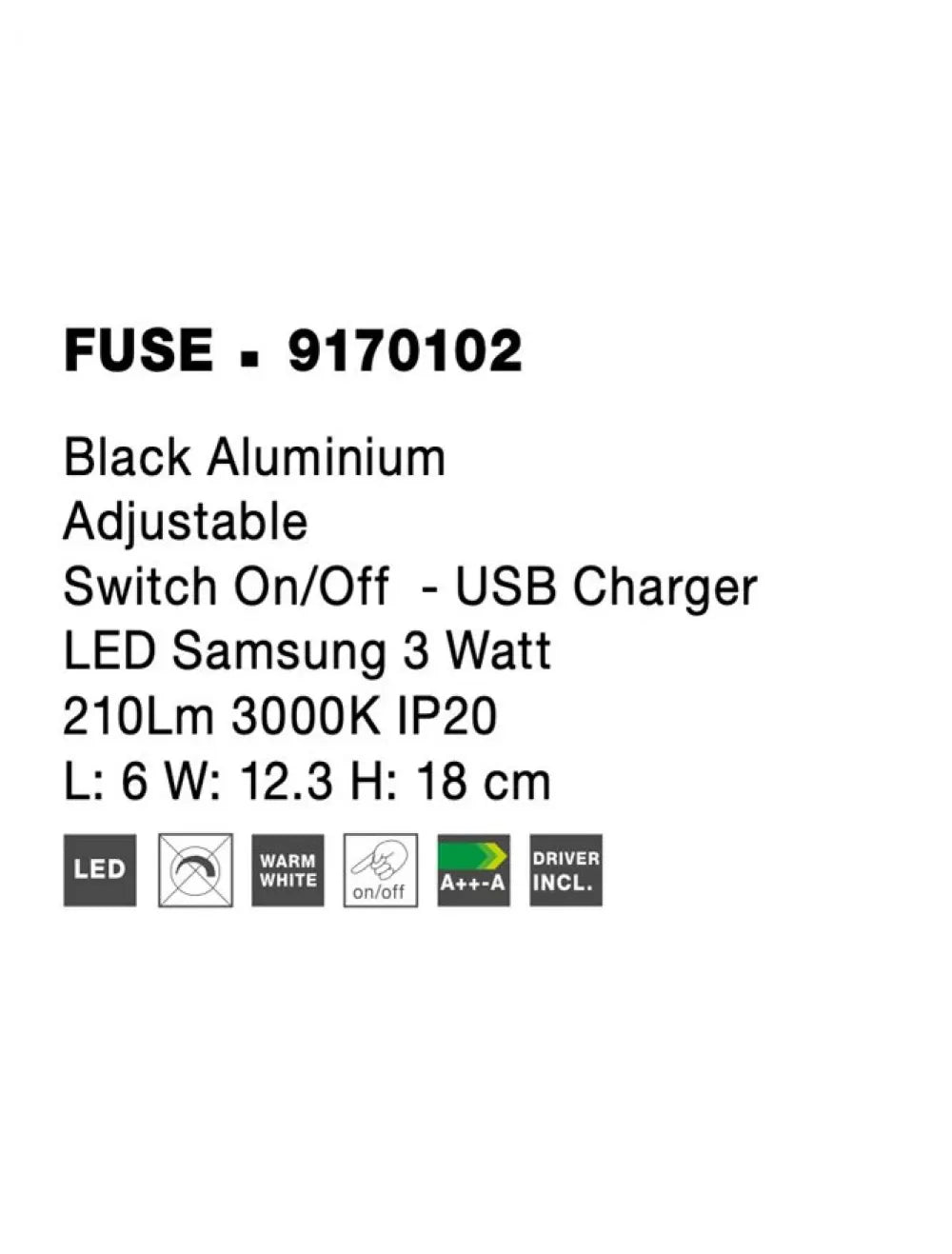 Aplica de perete din Aluminiu Negru H18xL6cm IP20 3W 210lm 3000k FUSE