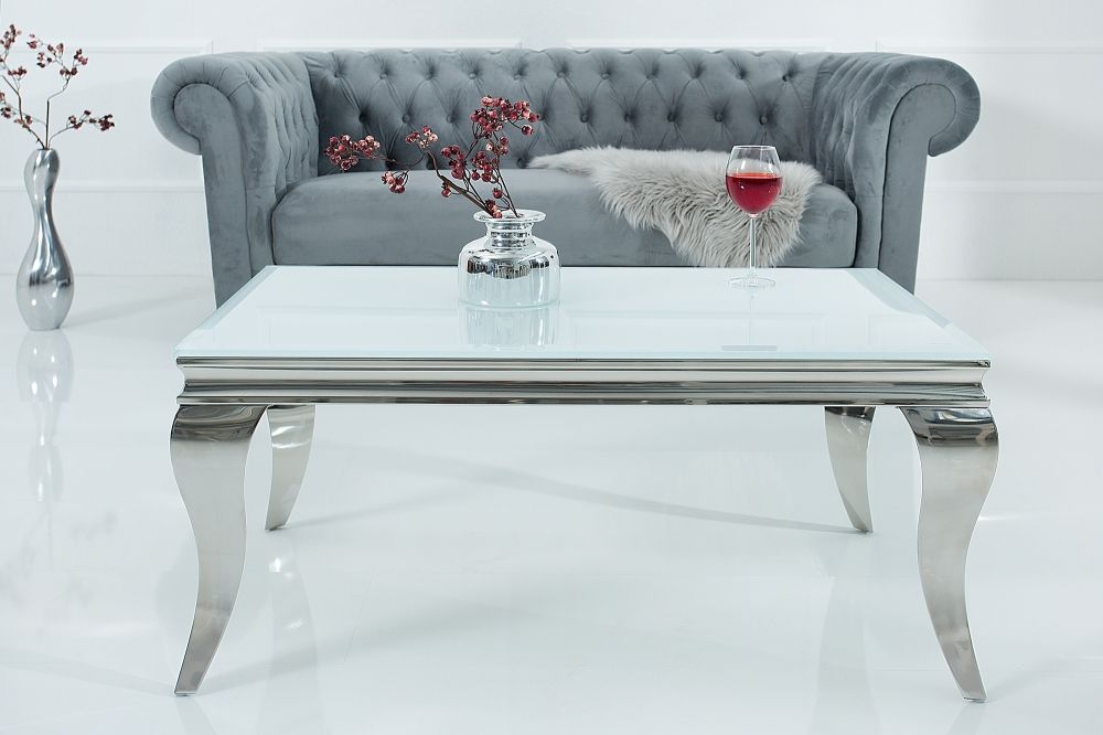 Masuta de cafea Dreptunghiulara din Sticla si Otel inoxidabil Alb/Argintiu L100xH45cm Barock