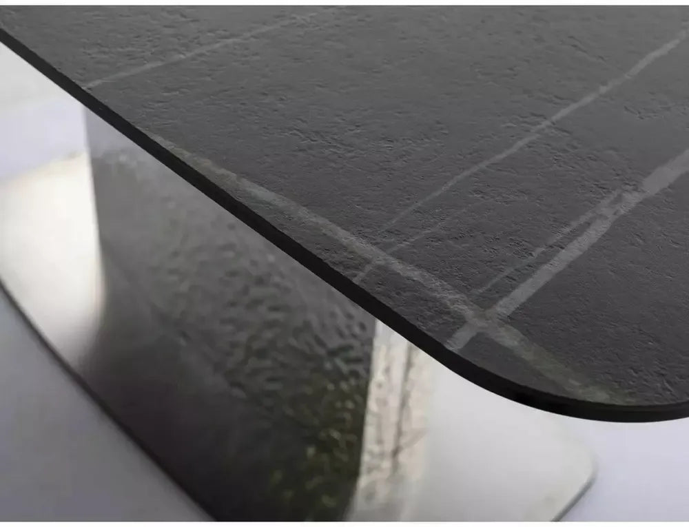 Masa Dreptunghiulara de 12 persoane din Sticla securizata+Ceramica Negru Sahara noir si Metal Argintiu L160-240xH76cm Moncler