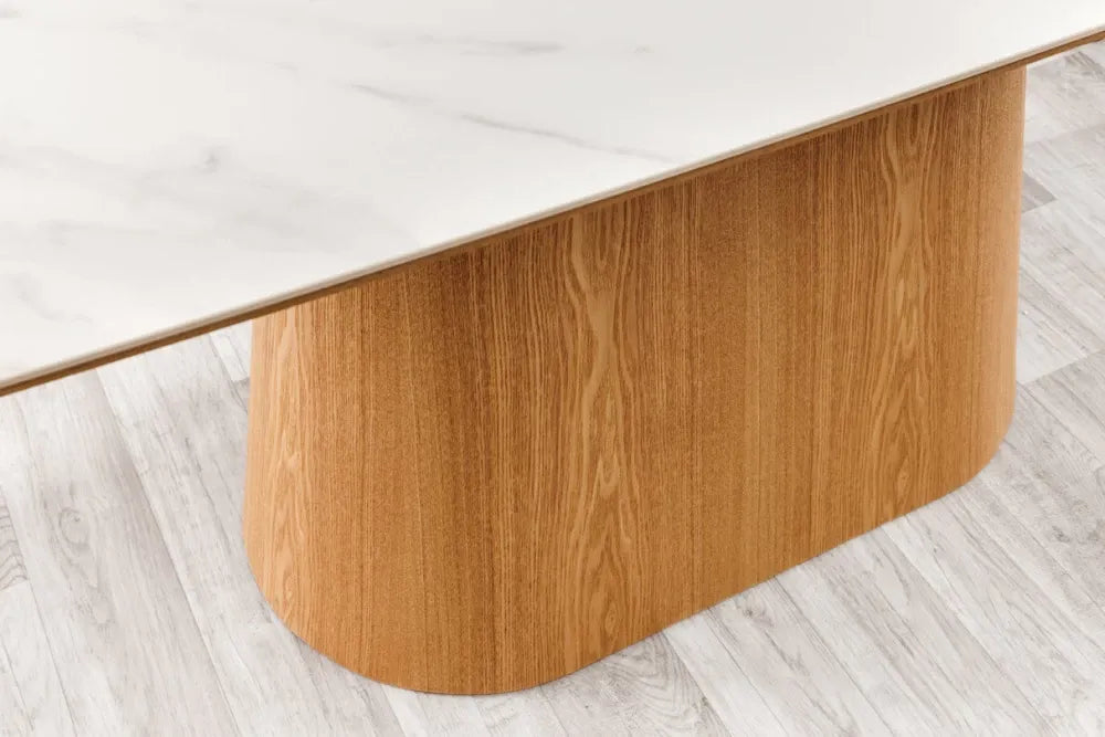 Masa din Ceramica Alb cu efect de marmura si Furnir de stejar Maro L200xH76cm Unique