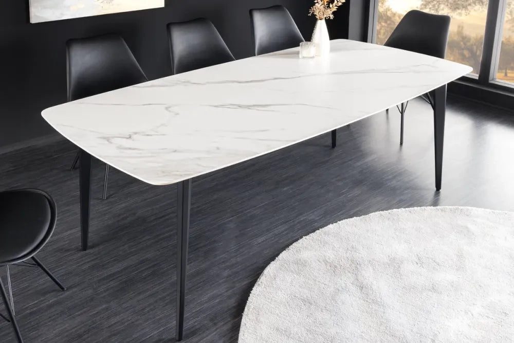 Masa din Ceramica Alb cu efect de marmura si Metal Negru L160xH76cm Milano