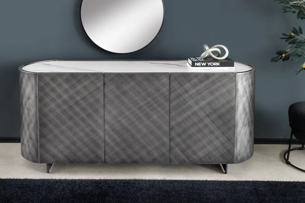 Comoda din Ceramica/MDF Alb/Gri si Metal Negru L150xH75cm REFLECTION