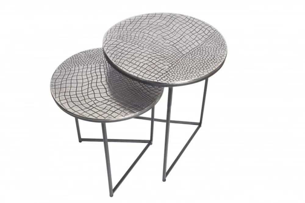 Set 2 masute laterale Rotunde din Metal Argintiu D35/40xH40/49cm Crocodile