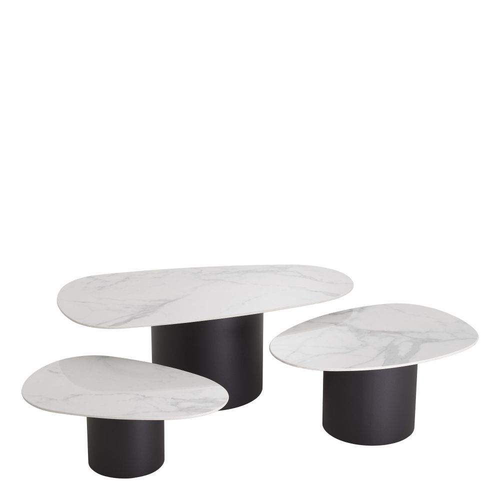 Set 3 masute de cafea Asimetrice din Metal si Ceramica Negru/Alb L120xH42cm Zane