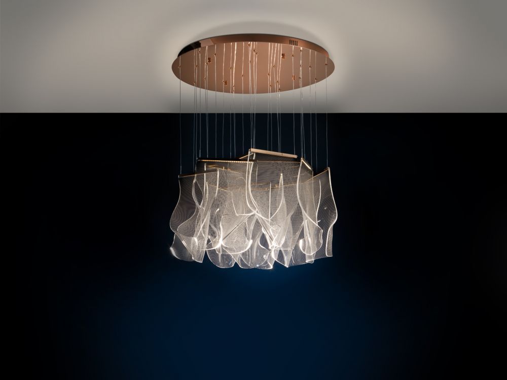 Lustra LED rotunda cu inaltime reglabila din Metacrilat Transparent si Metal Rose gold D70xH270cm Velos