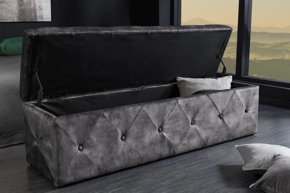 Bancheta cu spatiu de depozitare din Catifea Gri H40xL140cm Extravagancia