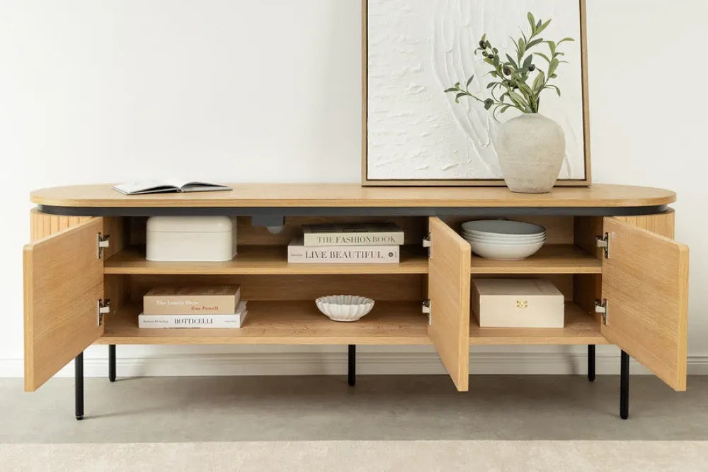 Comoda TV din MDF/Furnir de stejar Maro si Metal Negru L160xH55cm ATELIER