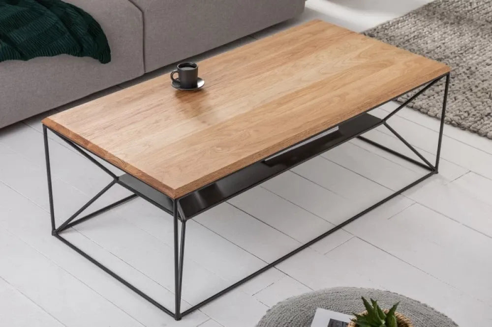 Masuta de cafea Dreptunghiulara din Lemn masiv de stejar Maro si Metal Negru L110xH40cm Architecture