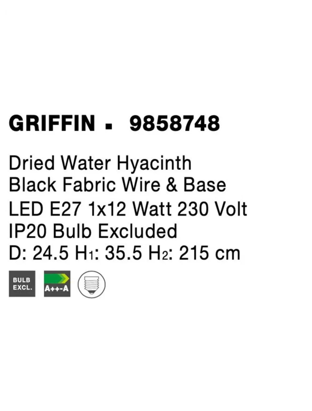Pendul structura din Metal Negru si abajur din Ratan Bej H215xL24.5cm IP20 GRIFFIN