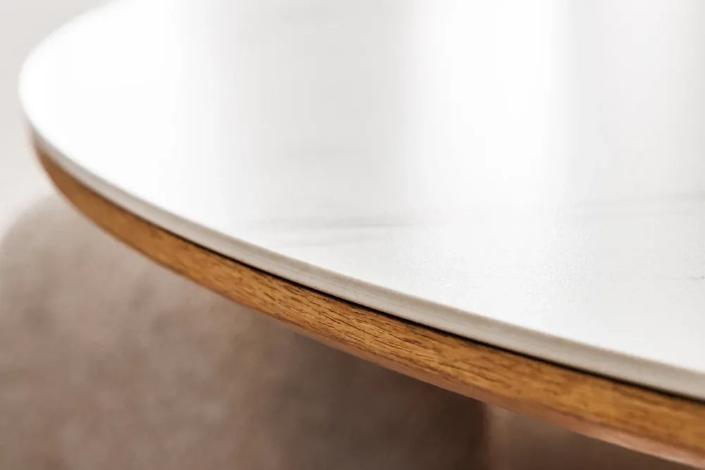 Masa din Ceramica Alb cu efect de marmura si Furnir de stejar Maro D120xH75cm Unique