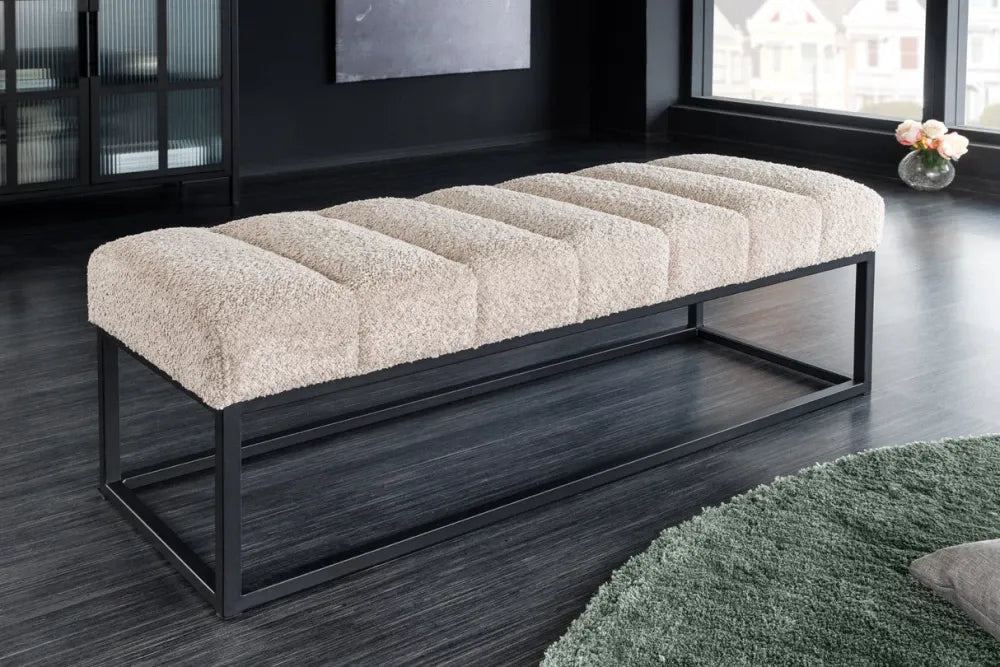 Bancheta din Metal Negru si Stofa boucle Grej H40xL108cm Petit beaute