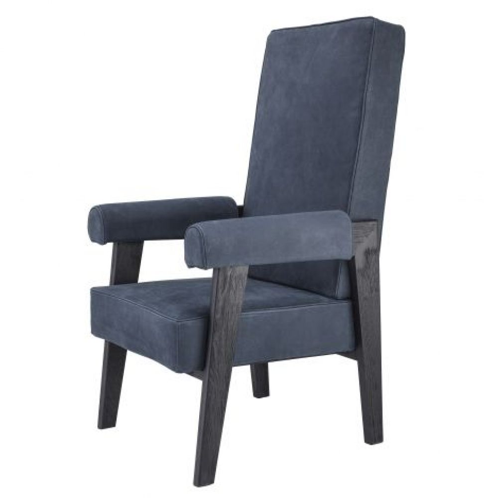 Fotoliu din Piele Albastru cu baza din Lemn masiv de stejar Negru H123xL70xA78cm Milo