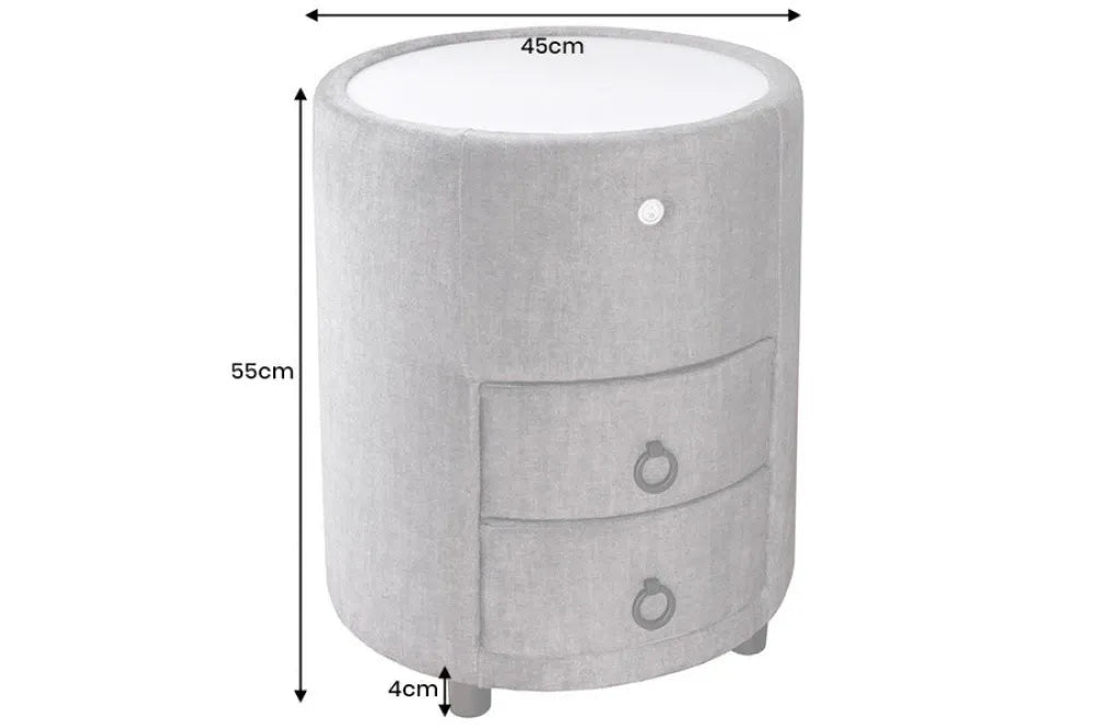Noptiera rotunda cu iluminare din Catifea Gri si MDF Alb D45xH55cm SIGNUM
