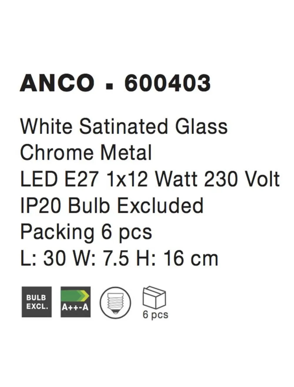 Aplica de perete structura din Metal Argintiu si abajur din Sticla Alb H16xL30cm IP20 ANCO
