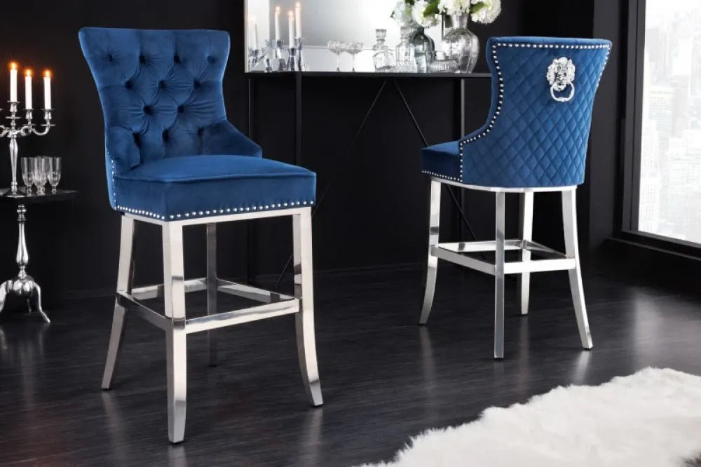 Scaun de bar tapitat cu Catifea Albastru cu picioare din Otel inoxidabil Argintiu H116xL51xA60cm Castle Deluxe