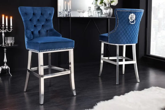 Scaun de bar tapitat cu Catifea Albastru cu picioare din Otel inoxidabil Argintiu H116xL51xA60cm Castle Deluxe
