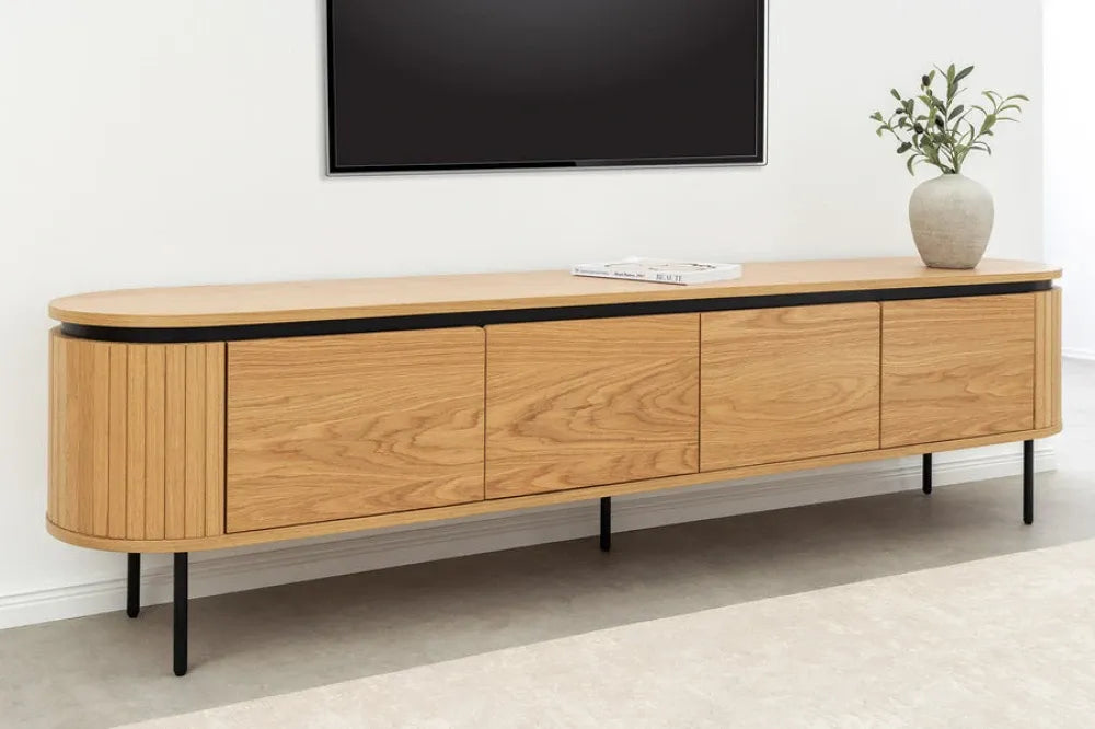 Comoda TV din MDF/Furnir de stejar Maro si Metal Negru L200xH55cm ATELIER