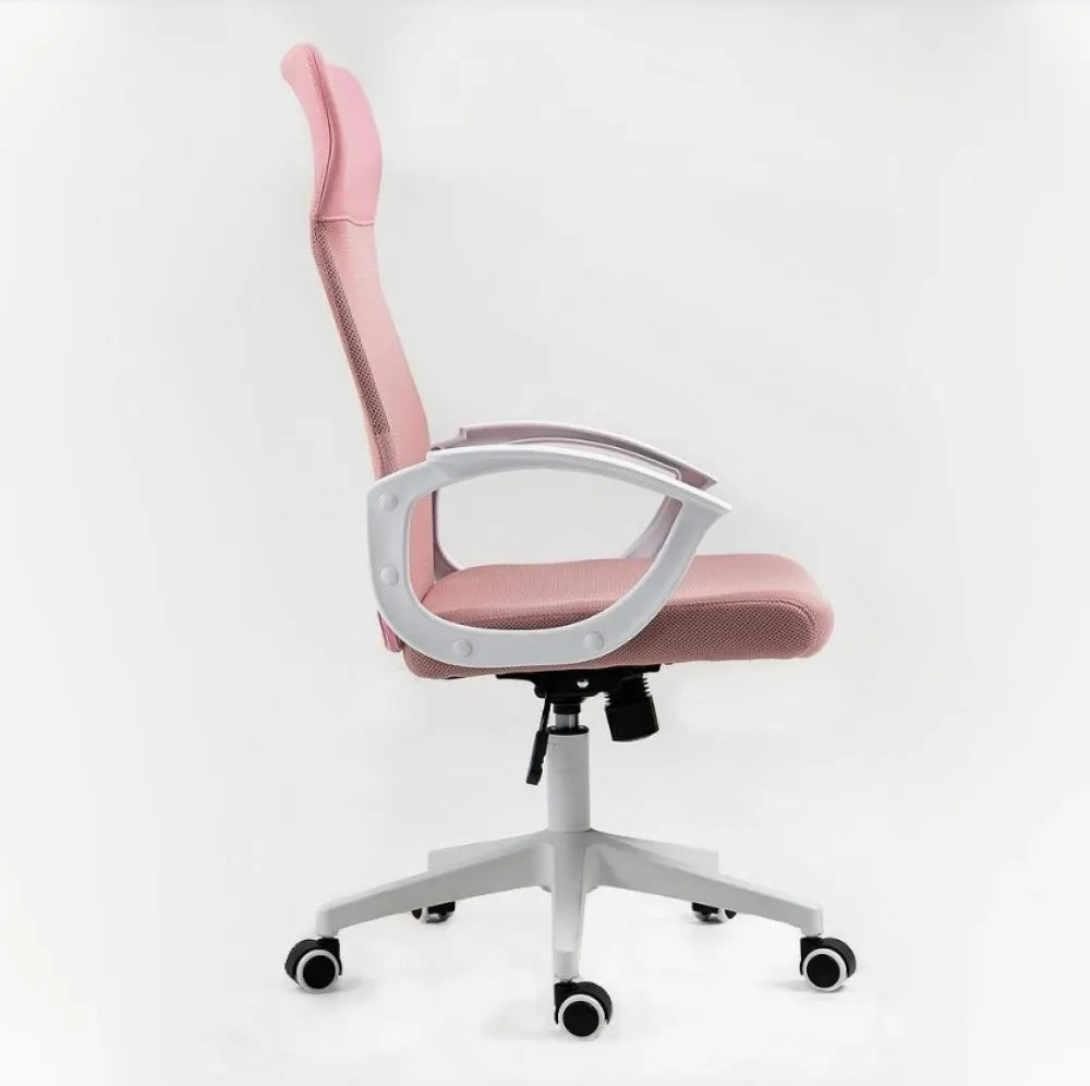 Scaun de birou cu inaltime reglabila tapitat cu Stofa/plasa Roz cu picioare din Plastic Alb H107-117xL59xA48cm Q-026
