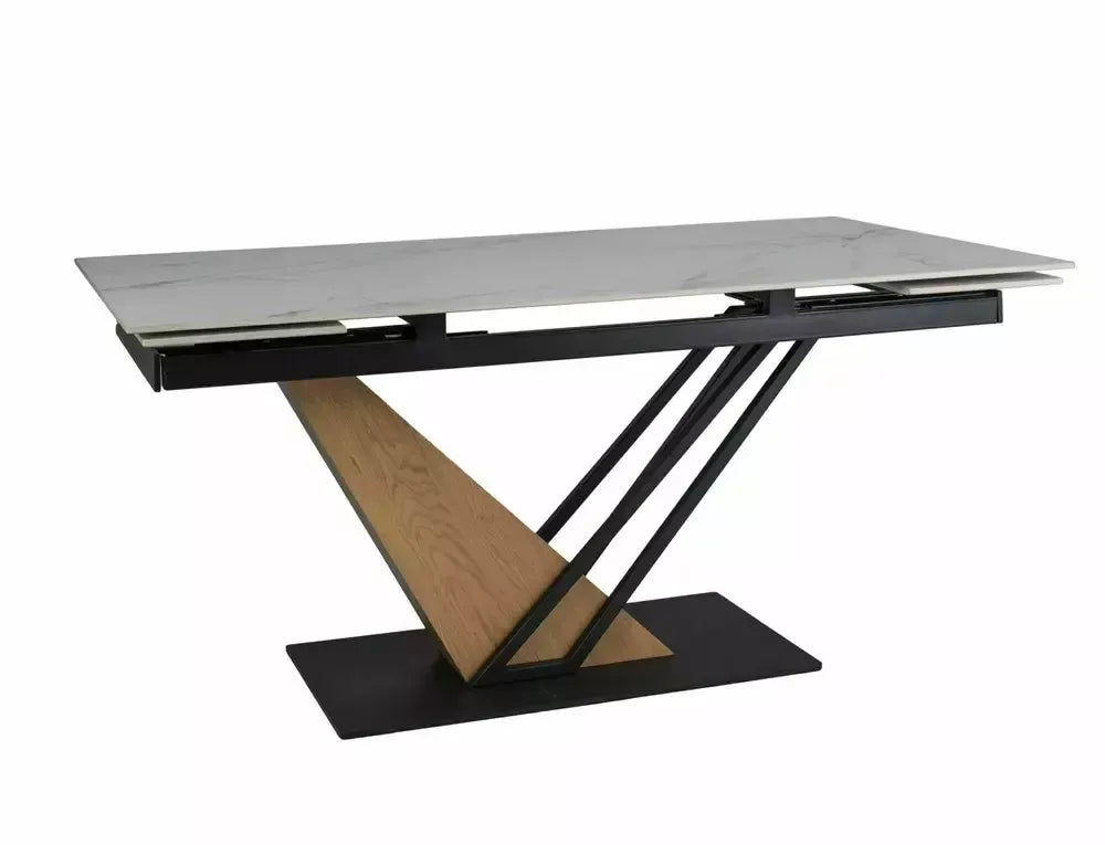 Masa Extensibila de 10 persoane din Ceramica Alb mat cu efect de marmura si Metal+MDF Negru/Maro L160-220xH75cm Genesis