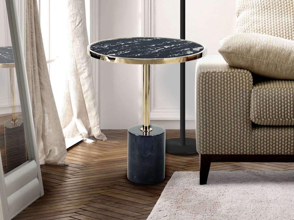 Masuta de colt rotunda din marmura si otel inoxidabil Negru/Auriu D46xH54cm Dekala