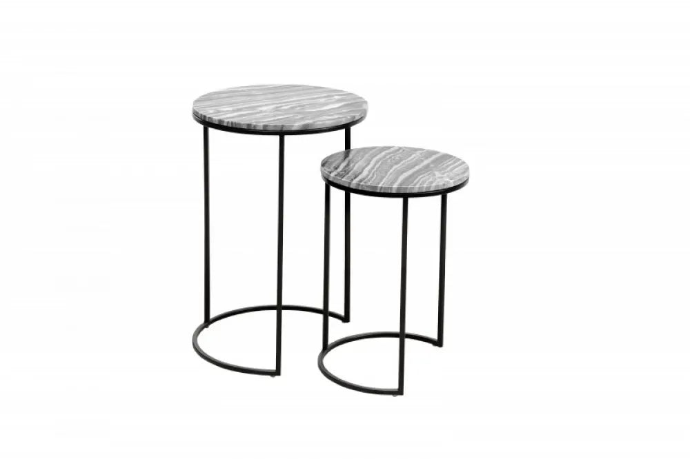 Set 2 masute laterale Rotunde din Marmura Gri si Metal Negru D30/37xH43/53cm Elements