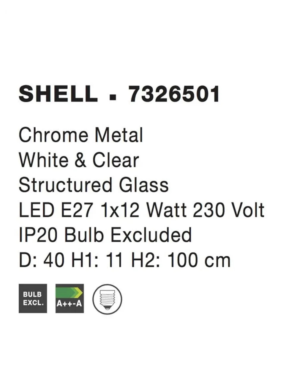 Pendul structura din Metal Argintiu si abajur din Sticla Alb/Transparent H100xL40cm IP20 SHELL