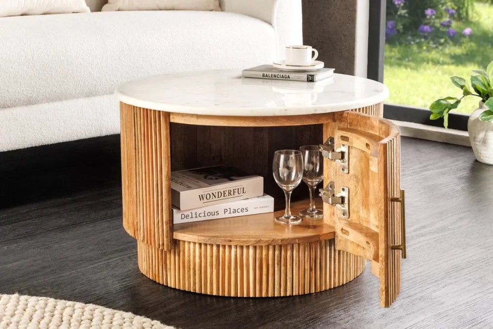 Masuta de cafea din Marmura Alb si Lemn de mango Maro LxH40cm Tres chic
