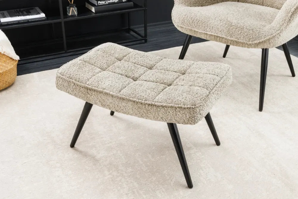 Puf din Metal Negru si Stofa boucle Grej H39xL60cm Scandinavia