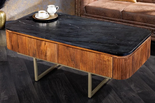 Masuta de cafea Dreptunghiulara din Marmura Negru si Metal/Lemn de mango Maro/Auriu L110xH46cm Gastsby