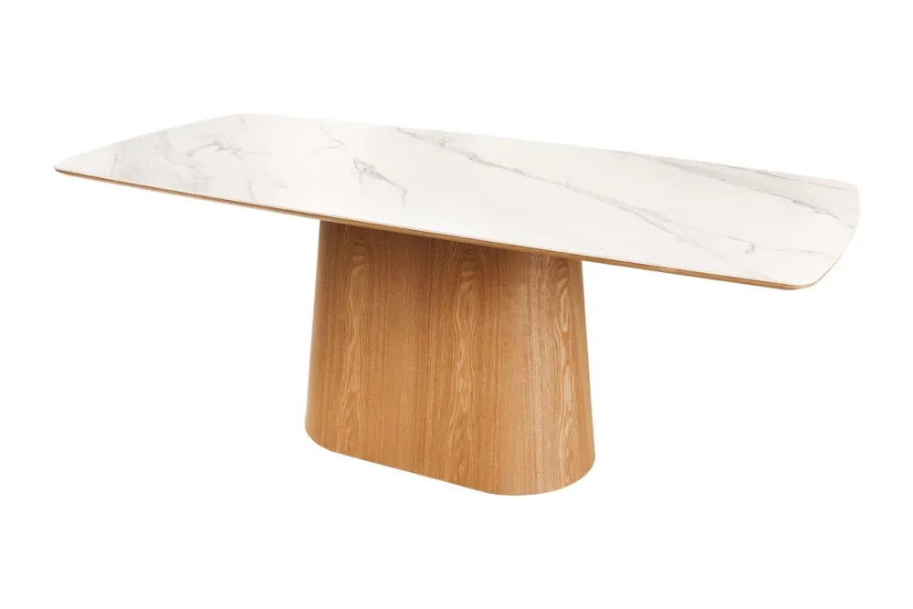 Masa din Ceramica Alb cu efect de marmura si Furnir de stejar Maro L200xH76cm Unique