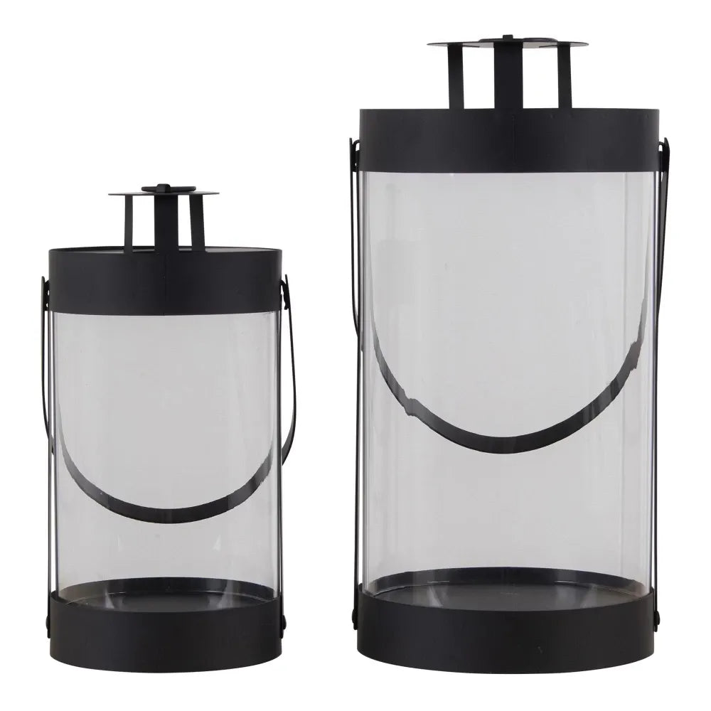 Set 2 felinare din Metal/Sticla Negru/Transparent H24/32xD12/15cm Bondi