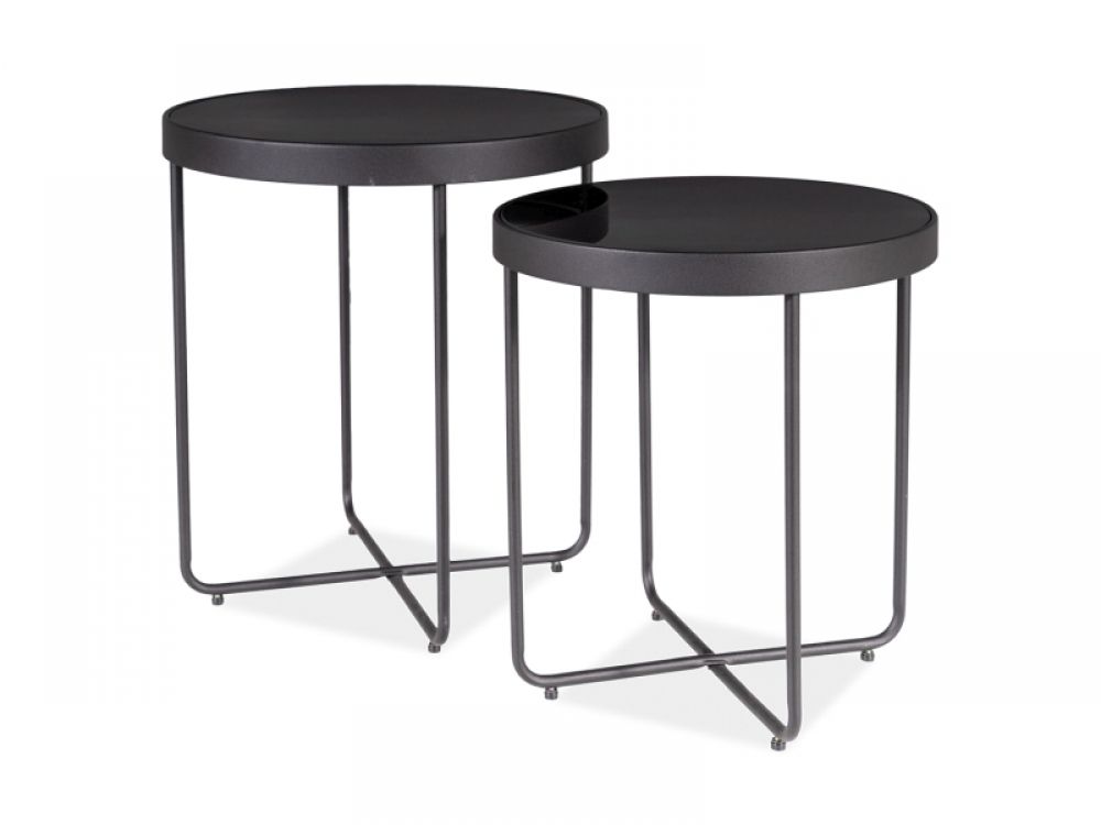 Set 2 masute de cafea rotunde din sticla securizata si Metal Gri/Negru D40/45xH44/50cm Atena