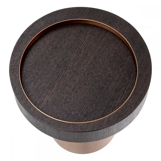 Masuta laterala Rotunda din Otel inoxidabil Alama si Furnir de stejar Maro mocha D50xH50.5cm Otus Eichholtz