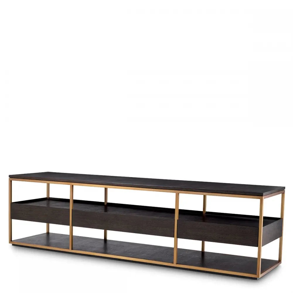 Comoda TV din Furnir de stejar Maro Mocha si Metal Alama L220xH61cm Parker L Eichholtz