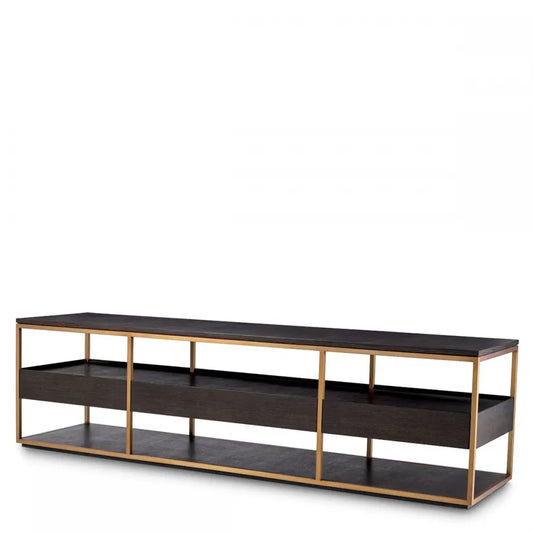 Comoda TV din Furnir de stejar Maro Mocha si Metal Alama L220xH61cm Parker L Eichholtz