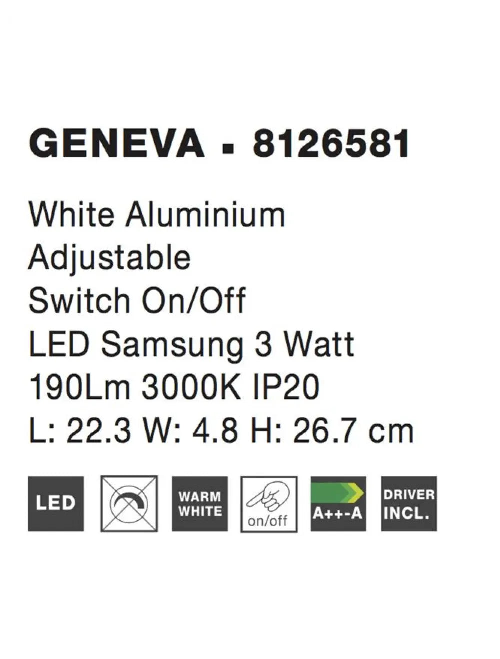 Aplica de perete din Aluminiu Alb H26.7xL22.3cm IP20 3W 190lm 3000k GENEVA