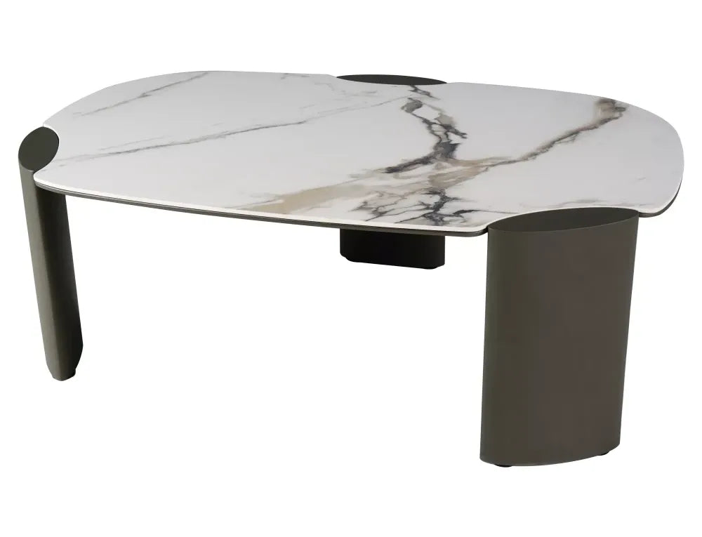 Masuta de cafea din Metal Cupru si MDF+Ceramica Alb lucios cu efect de marmura L105xH38cm Adoro