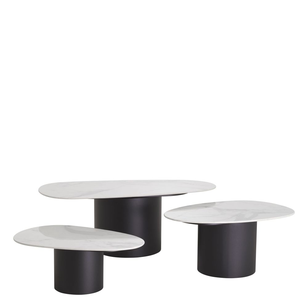 Set 3 masute de cafea Asimetrice din Metal si Ceramica Negru/Alb L120xH42cm Zane