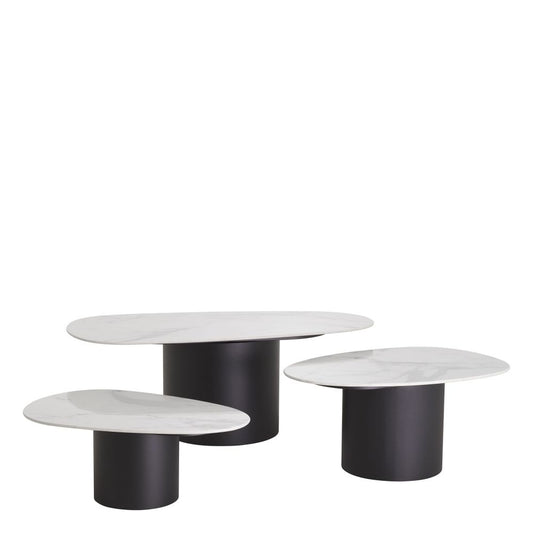 Set 3 masute de cafea Asimetrice din Metal si Ceramica Negru/Alb L120xH42cm Zane