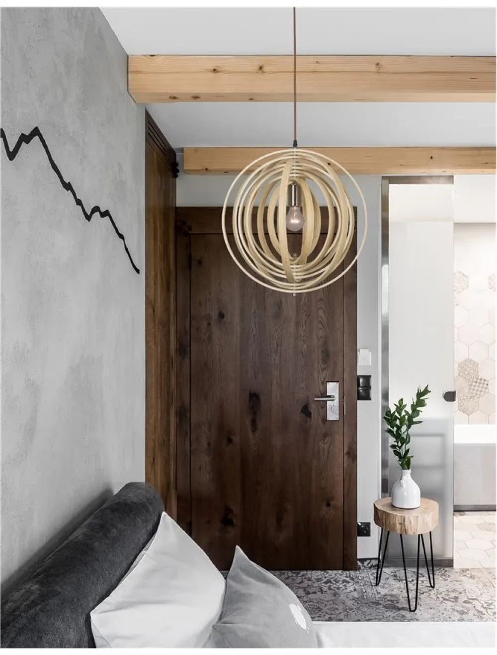 Pendul structura din Metal Negru si abajur din Lemn Bej H130xL43cm IP20 ASCO