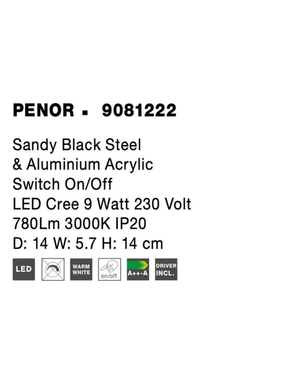 Aplica de perete structura din Aluminiu Negru si abajur din Aluminiu Negru H14xL14cm IP20 9W 780lm 3000k PENOR