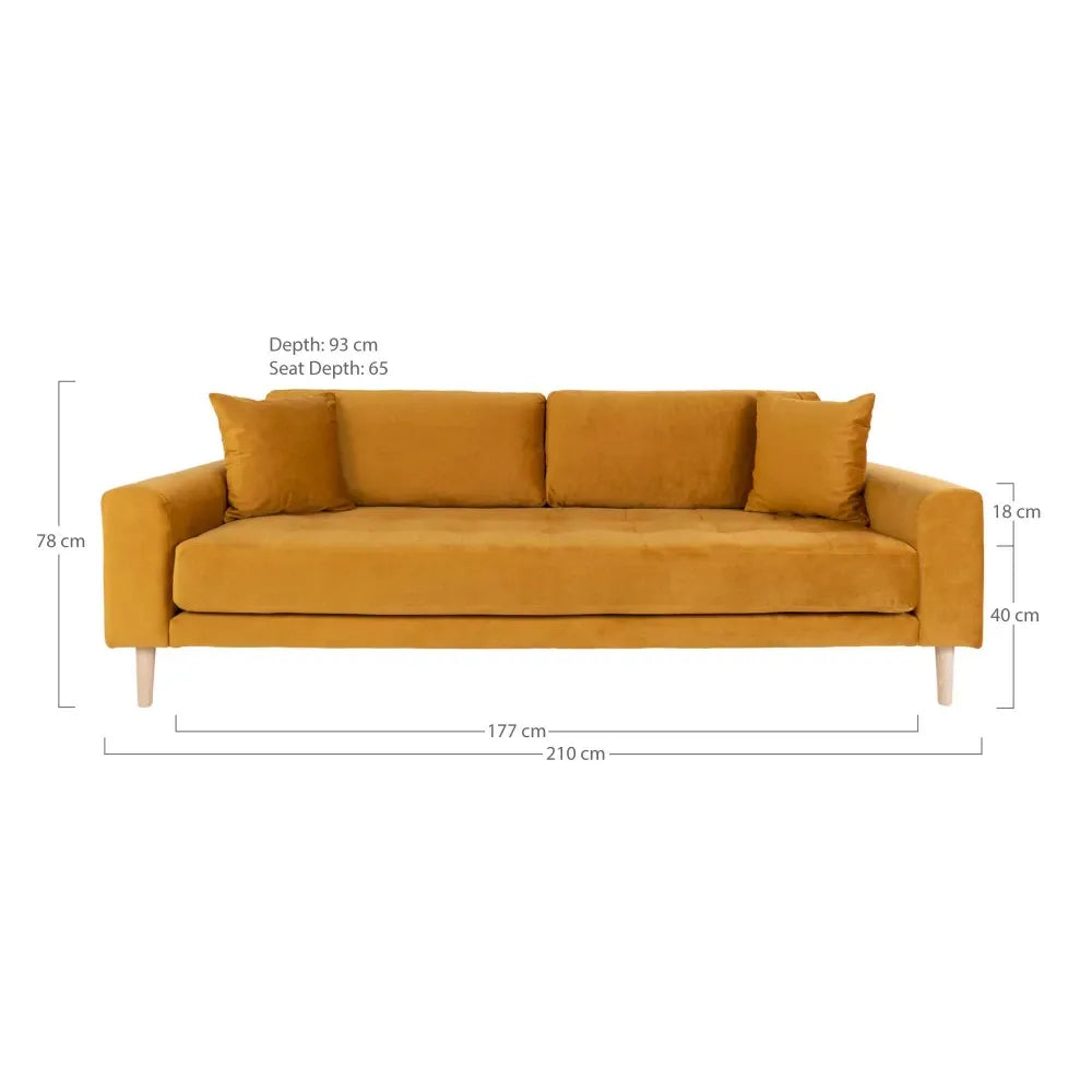 Canapea de 3 locuri cu picioare din lemn de fag maro tapitata cu Catifea Galben L210xH76cm Lido