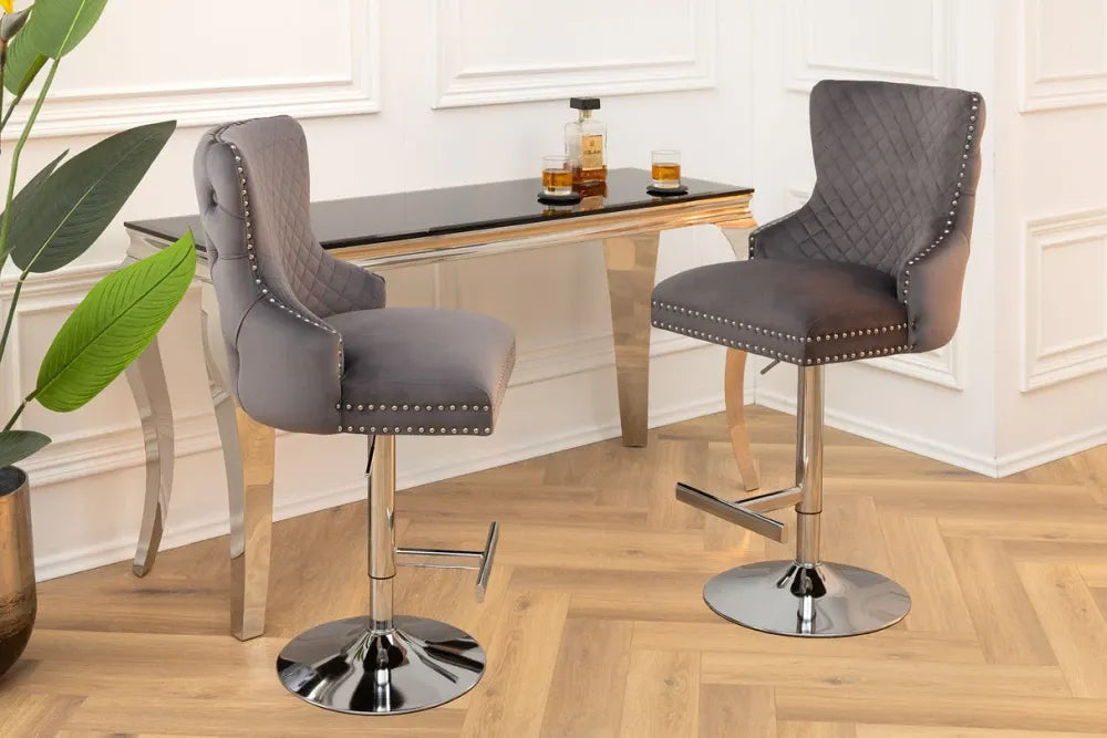 Set 2 scaune de bar din Otel inoxidabil Argintiu si Catifea Gri H108-130xL50cm Castle