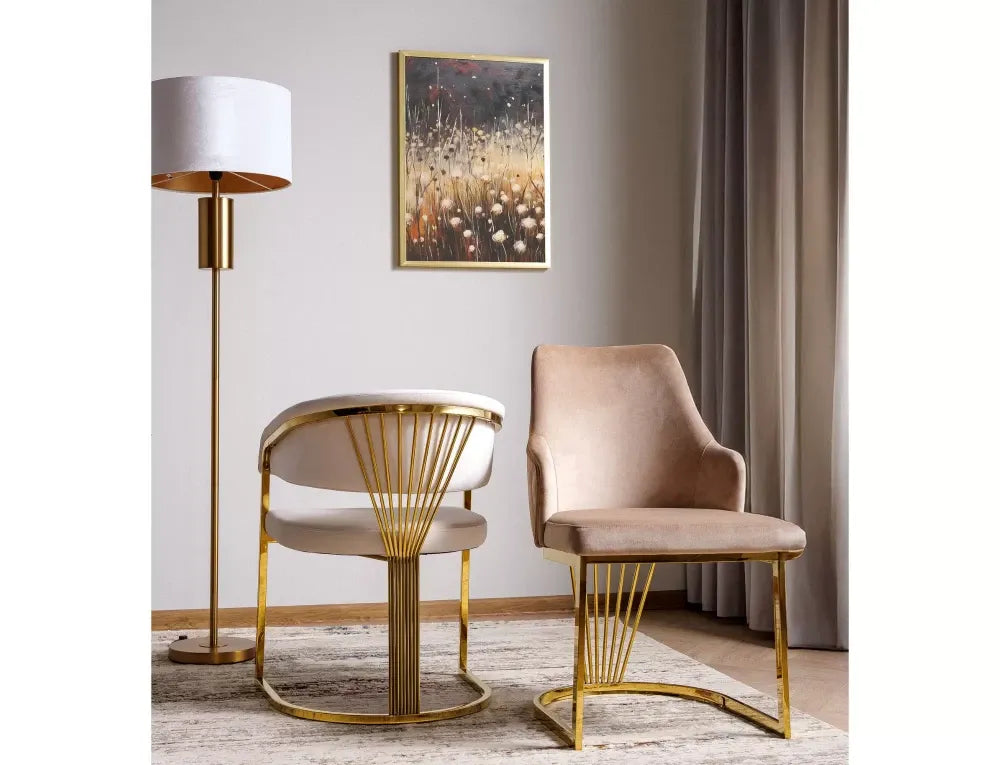 Scaun tapitat cu Catifea Bluvel 22 Bej deschis cu picioare din Otel inoxidabil Auriu H77xL57xA64cm Crown