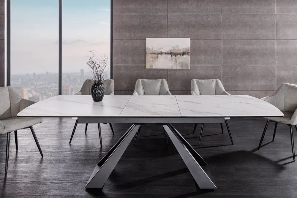 Masa din Sticla securizata/Ceramica Alb cu efect de marmura si Metal Negru L180-230xH77cm Concord