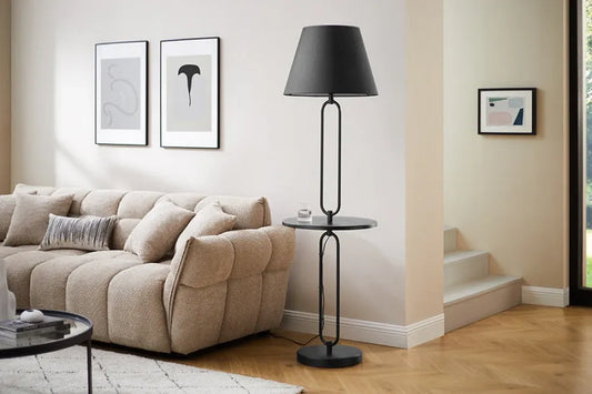 Lampa de podea cu masuta incorporata din Metal Negru si Textil Negru D50xH176cm SERVANT