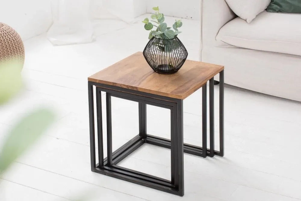 Set 3 masute laterale Patrate din Lemn de sheesham Maro si Metal Negru L30/35/40xH36/40/42cm Elements