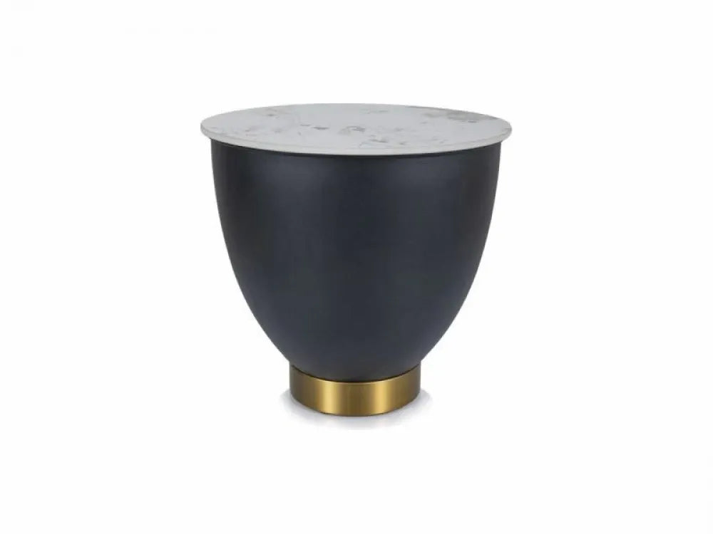 Masuta de colt Rotunda din Ceramica Alb lucios cu efect de marmura si Metal Negru/Auriu D48xH45cm Cyprus